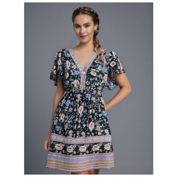 **CUPSHE** Mini Summer Dress V Neck A-Line Ruching Flared Sleeve Boho M - Picture 1 of 7